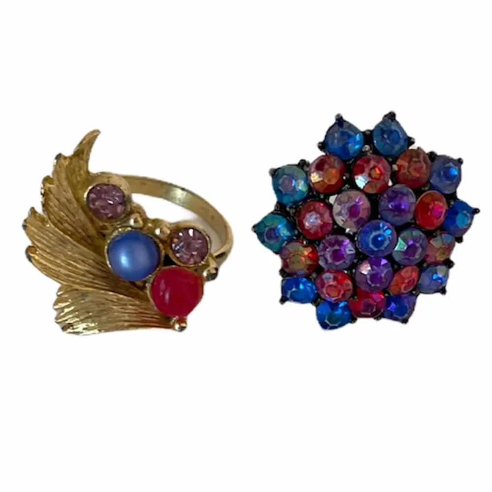 Vintage 70’s Rings Antique Gemstone Jewelry Adjustable 2 Piece Ring Set Blue Red